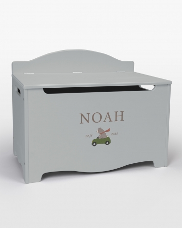 Blå oppbevaringskiste med navn