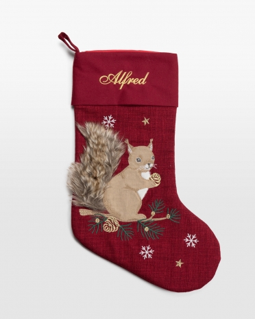 Rød julestrømpe med navn og motiv