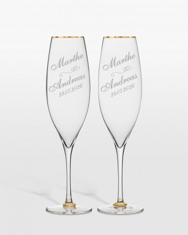 Champagneglass med gullkant og personlig gravering