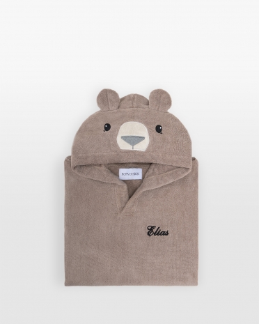 Brun badeponcho i frotté med brodert navn