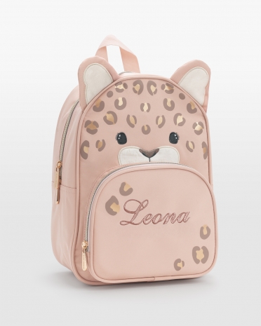 Leopardryggsekk med rosa broderi av barnets navn