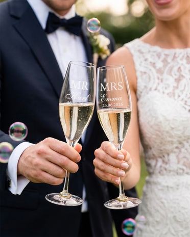 2-pakning champagneglass med gullringer på foten og personlig gravering