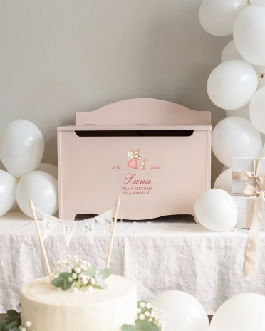 Gave til navngivning med rosa oppbevaringskiste med personlig tekst og hjortemotiv