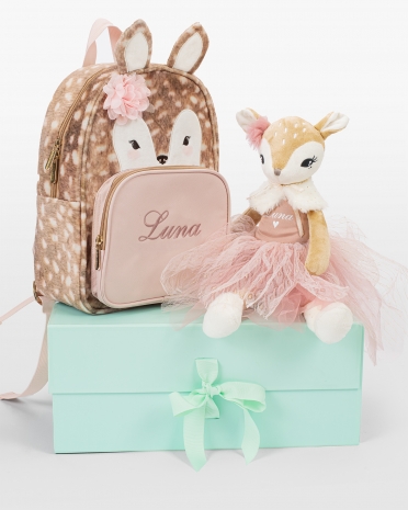 Barneryggsekk og dukke med navn