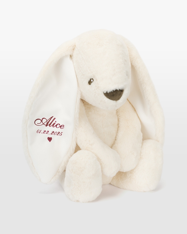 Gigant kanin med navn i mørkerosa broderi