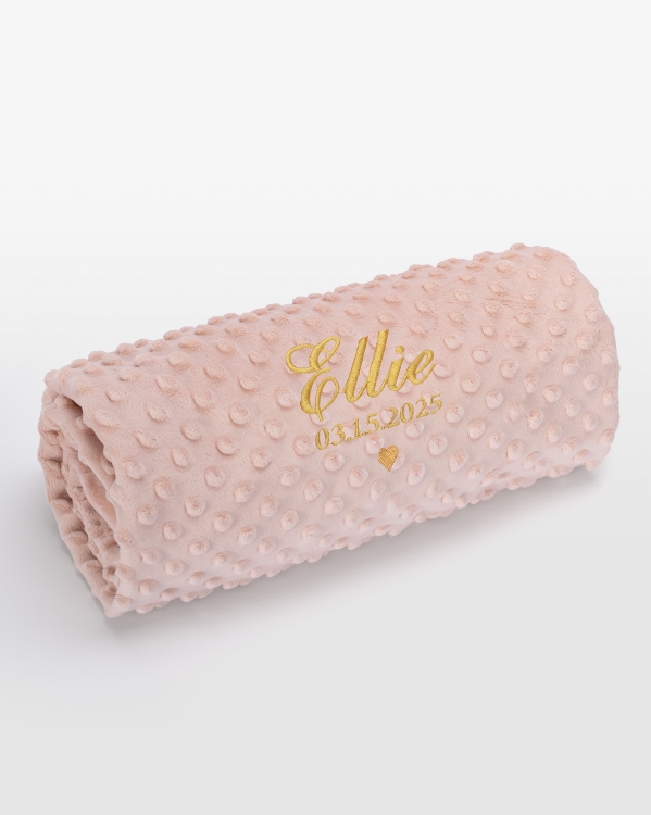 Rosa babyteppe med navn i gull broderi