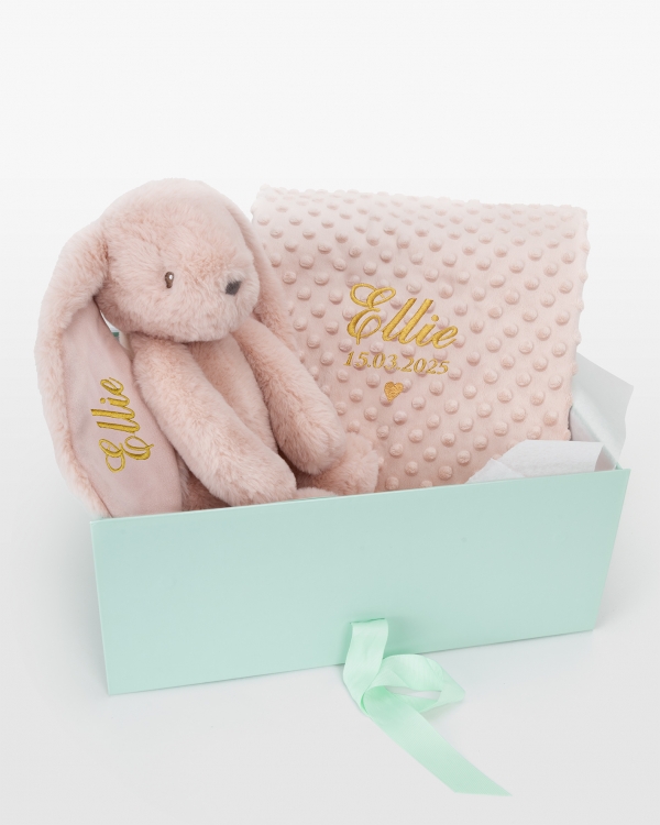 Gavesett med kosedyr og babyteppe i rosa