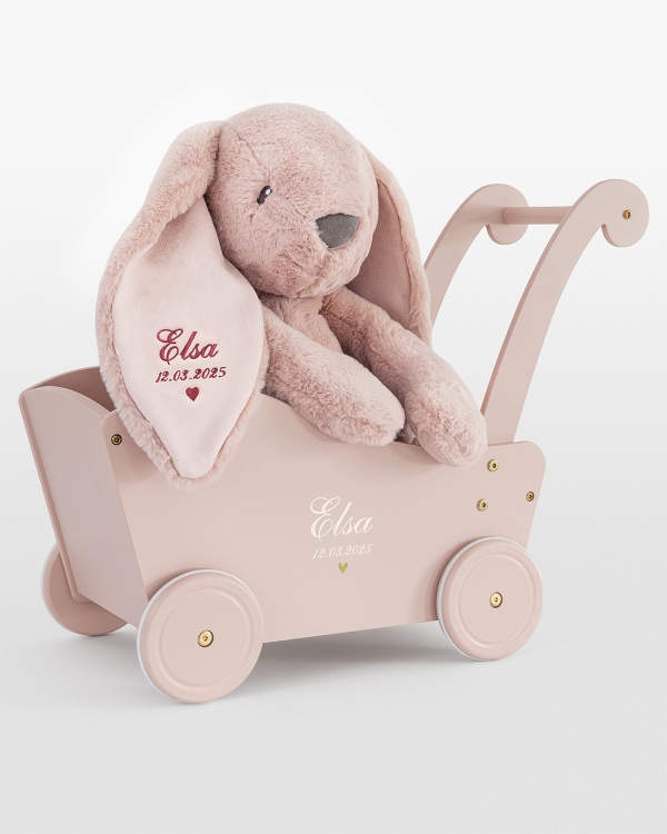 Gavesett med dukkevogn og stort kosedyr med navn