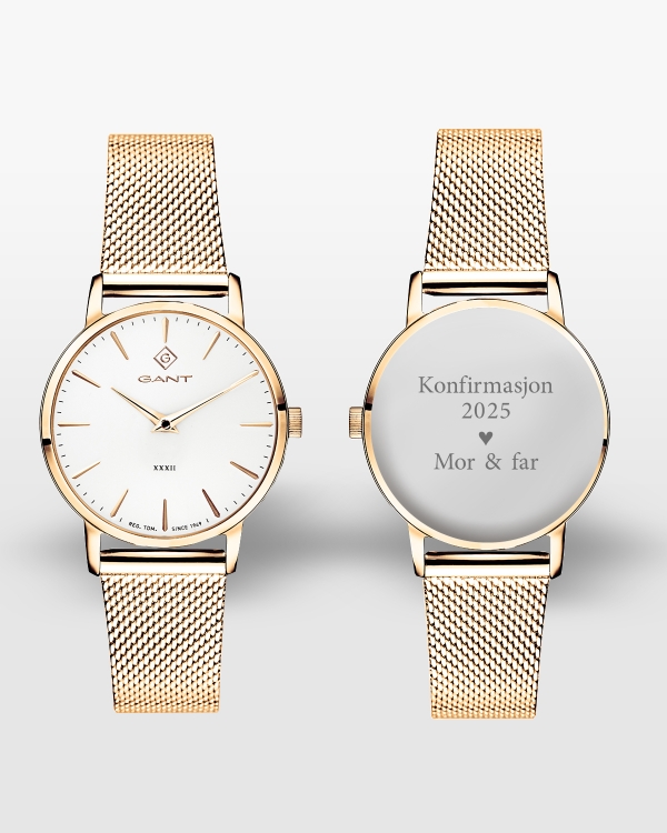 Gant klokke med gravering, Park Avenue White-Gold Mesh