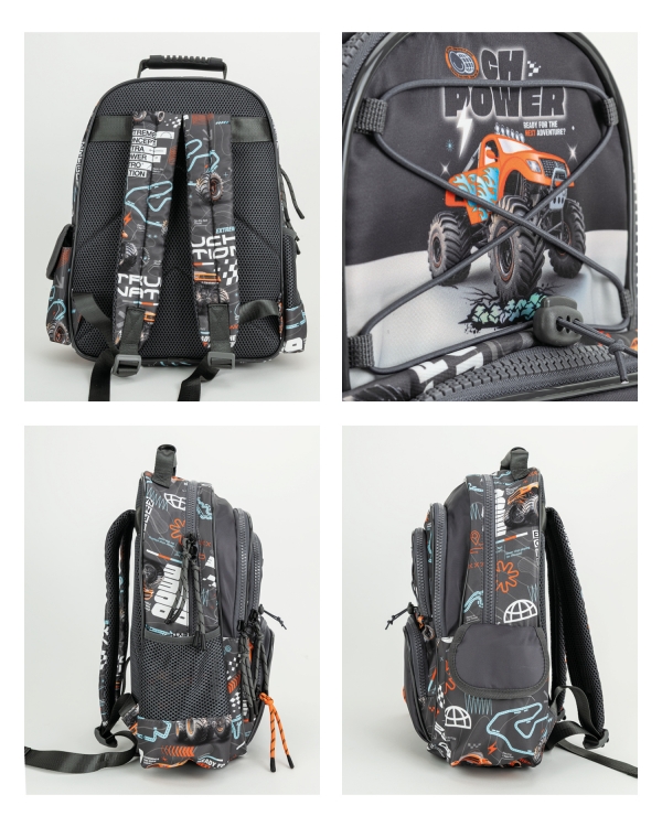 Kul barneryggsekk med monstertruck og navn