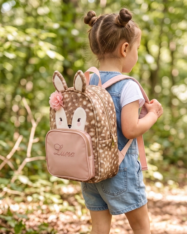 Ryggsekk for førskolebarn formet som en hjort, med brodert navn