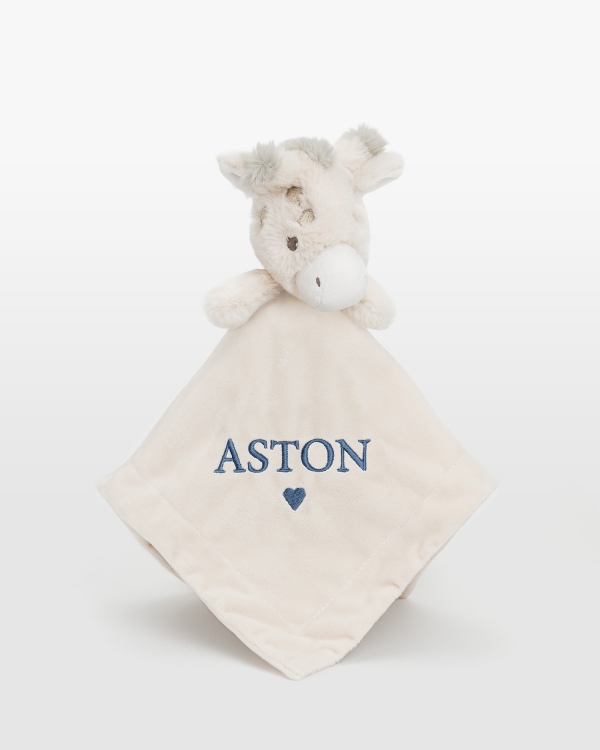 Giraffsnutte med navn i blå broderi