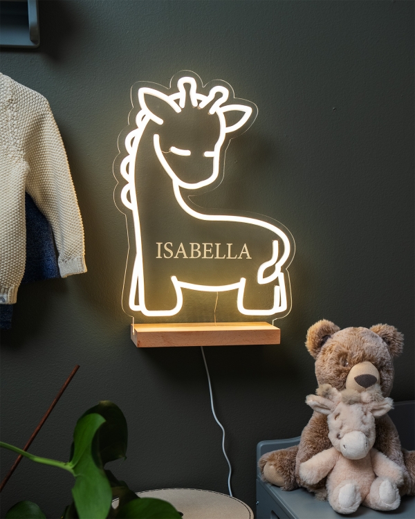 Justerbar neonlampe med sjiraffmotiv og gravering