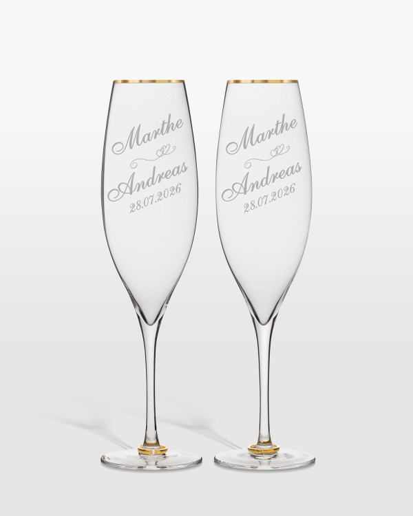 Champagneglass med gullkant og personlig gravering