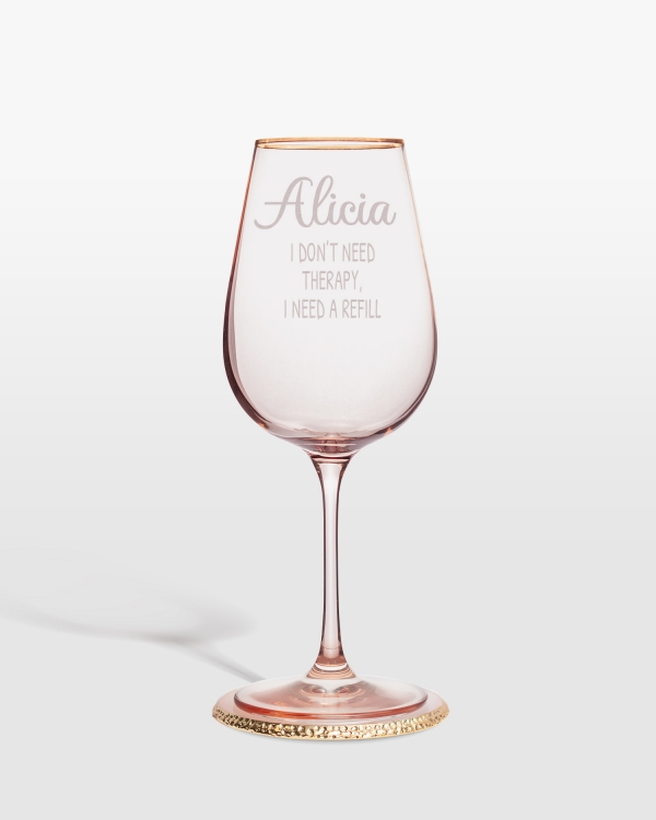 Rosa vinglass med gullfarget kant og personlig gravering