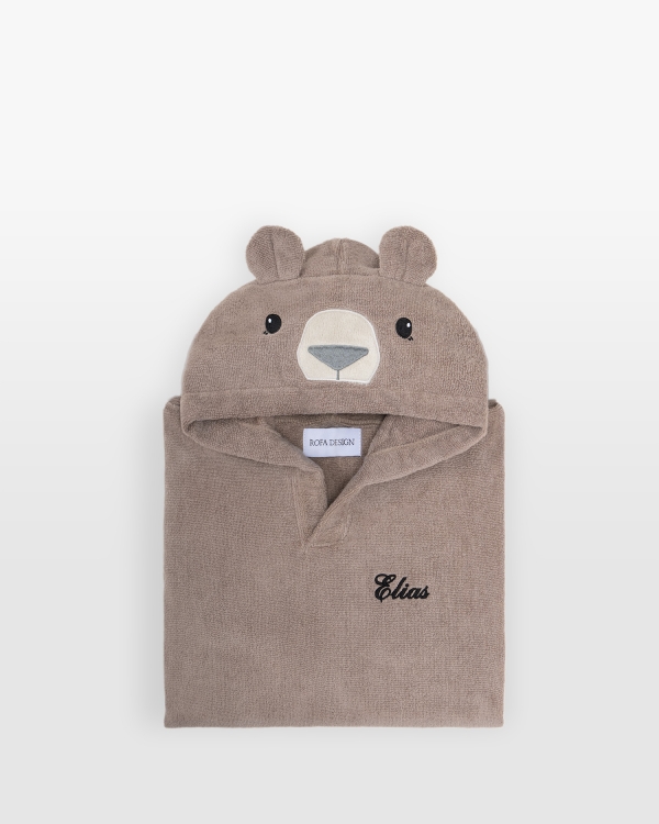 Brun badeponcho i frotté med brodert navn