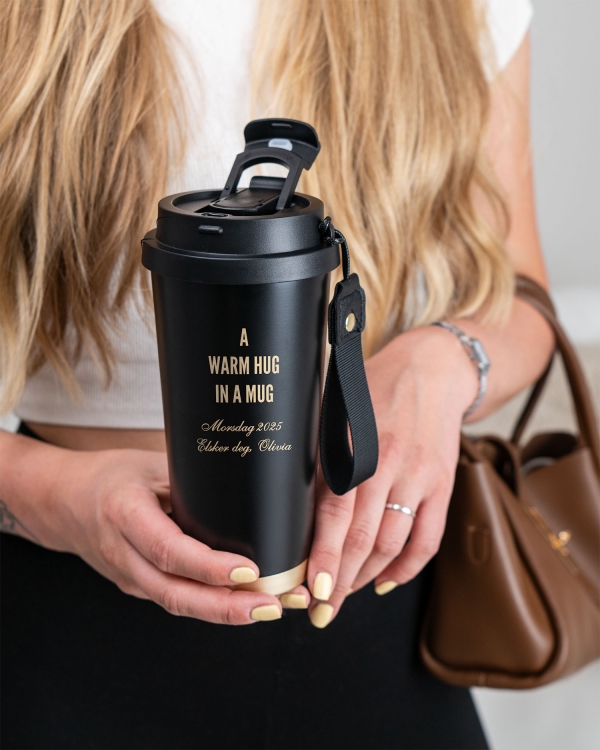 Svart termokopp med morsdags-sitat
