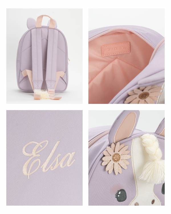 Lilla barneryggsekk med hestemotiv, hale og manke