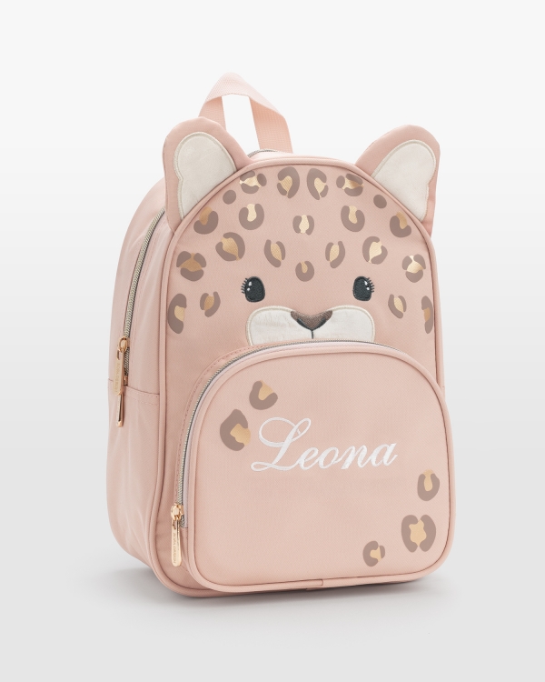 Rosa barneryggsekk med navn i form av en leopard med gullglitrende flekker.