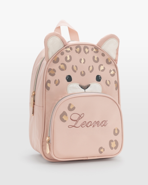Leopardryggsekk med rosa broderi av barnets navn