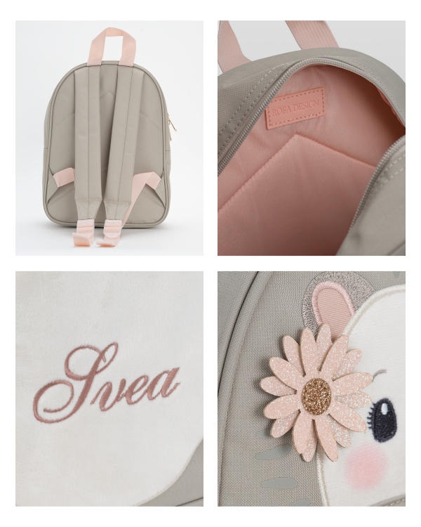 Grå barneryggsekk med glitrende blomst og pinnsvinmotiv