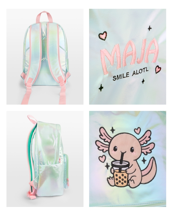 Skimrende skolesekk med axolotl-motiv og brodert navn