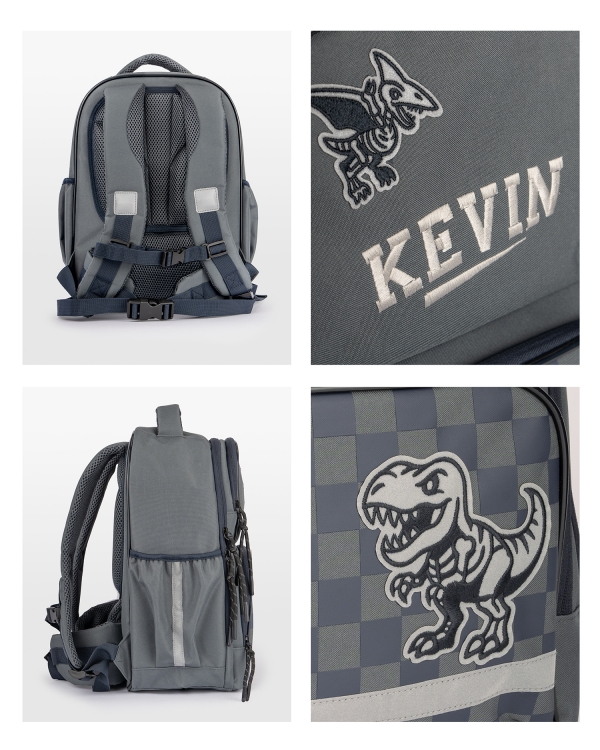 Grå skolesekk med dinosaurmotiv, brodert navn og reflekser