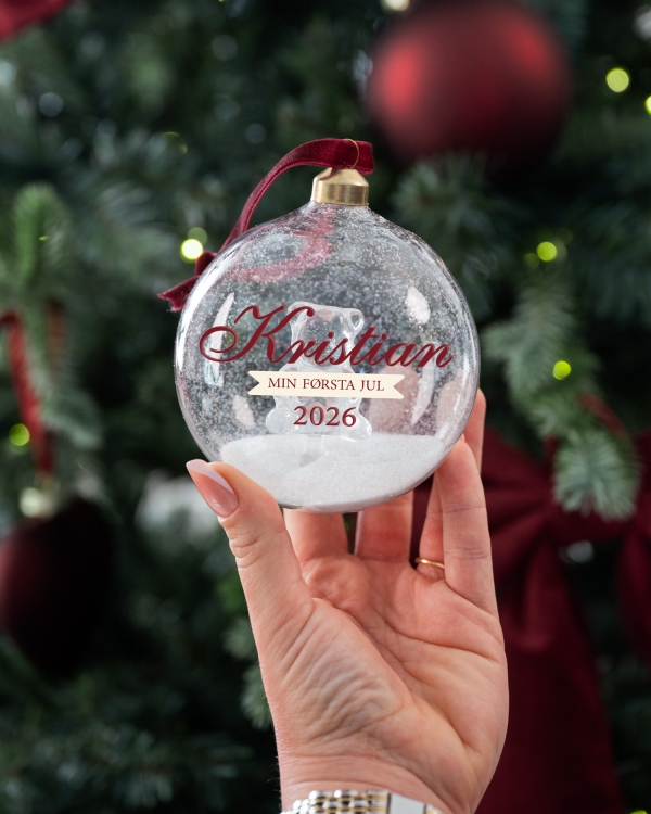 Julekule i glass med navn, personlig hilsen og motiv av en teddybjørn