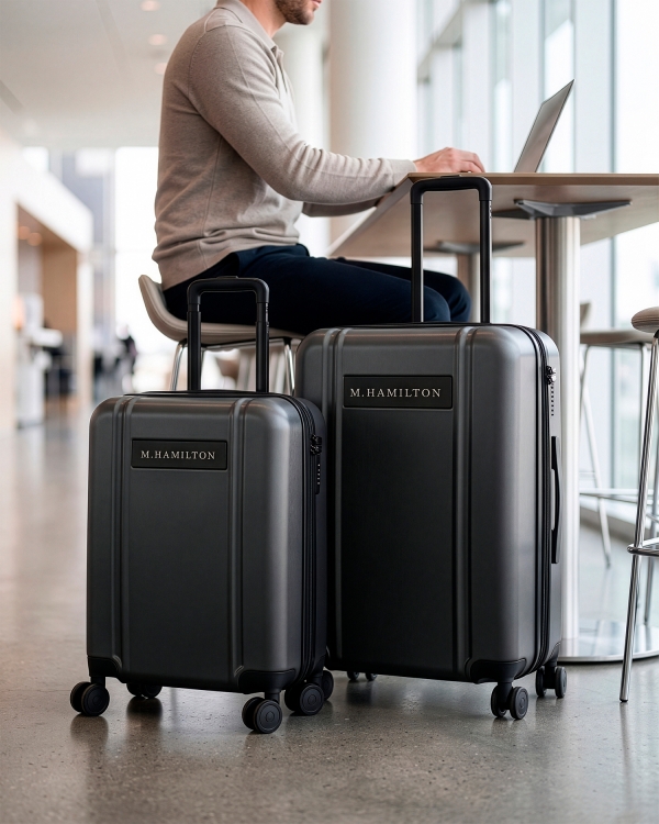 Sett med mørkegrå koffert og håndbagasje med gravert navn