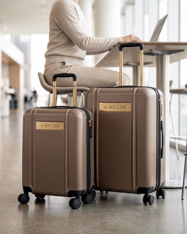 Sett med brun koffert og håndbagasje med gravert navn