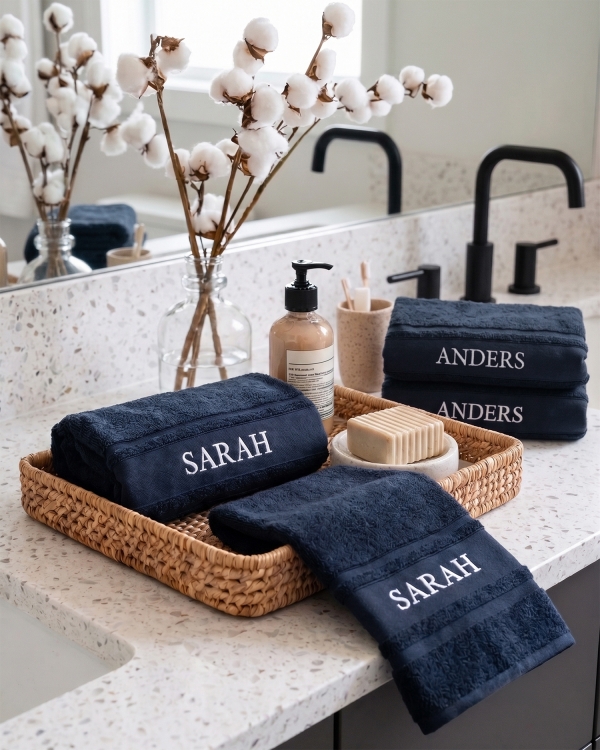 Marineblå håndklær med brodert navn
