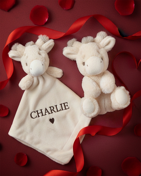 Koseteppe og rangle med sjiraff og navn til Valentinsdagen