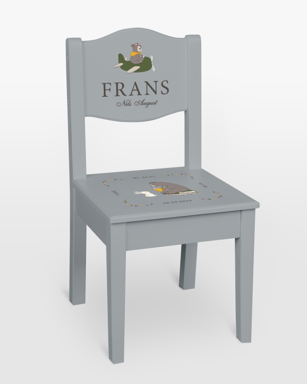 Blå dåpsstol med navn