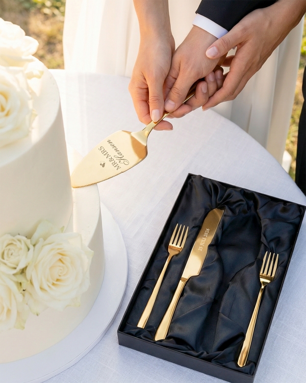 Vakkert gullkakesett med gravert tekst, til bryllup