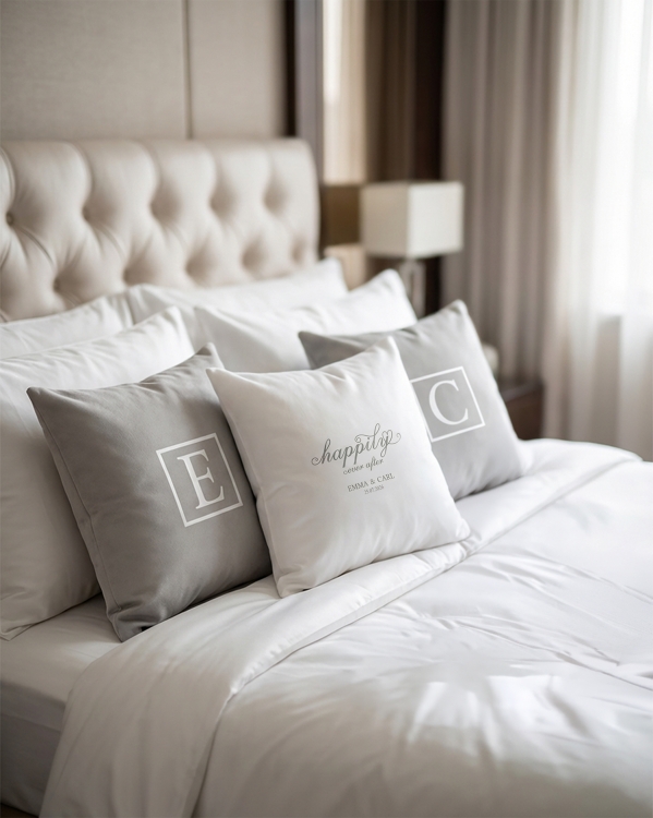 Sett med putetrekk med personlig trykk til brudeparet