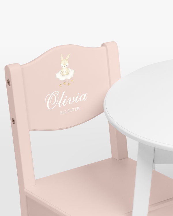 Rosa barnestol med kaninmotiv og navn og valgfri tekst