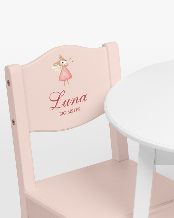 Rosa høystoler med hjortemotiv og navn og valgfri tekst