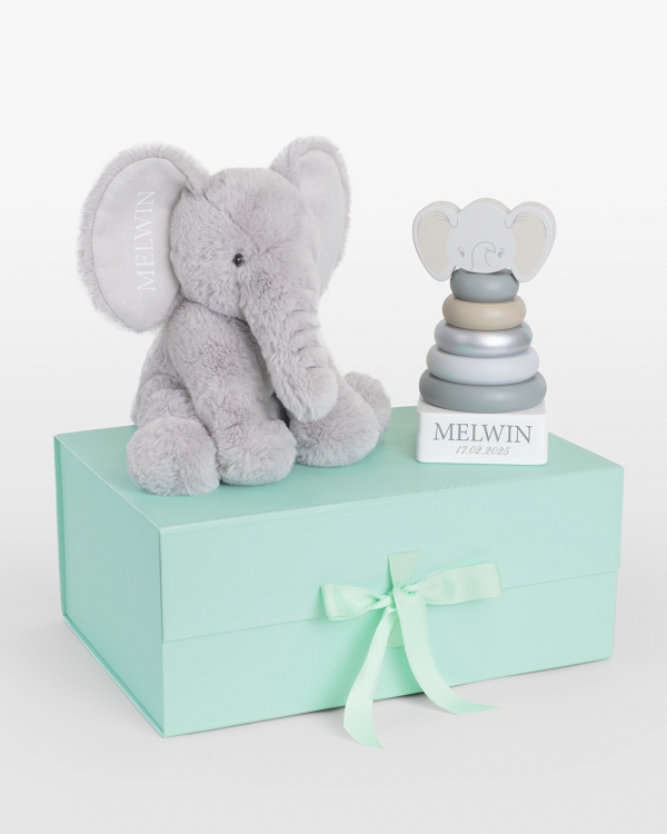 Gavesett med kosedyr og stabletårn med navn