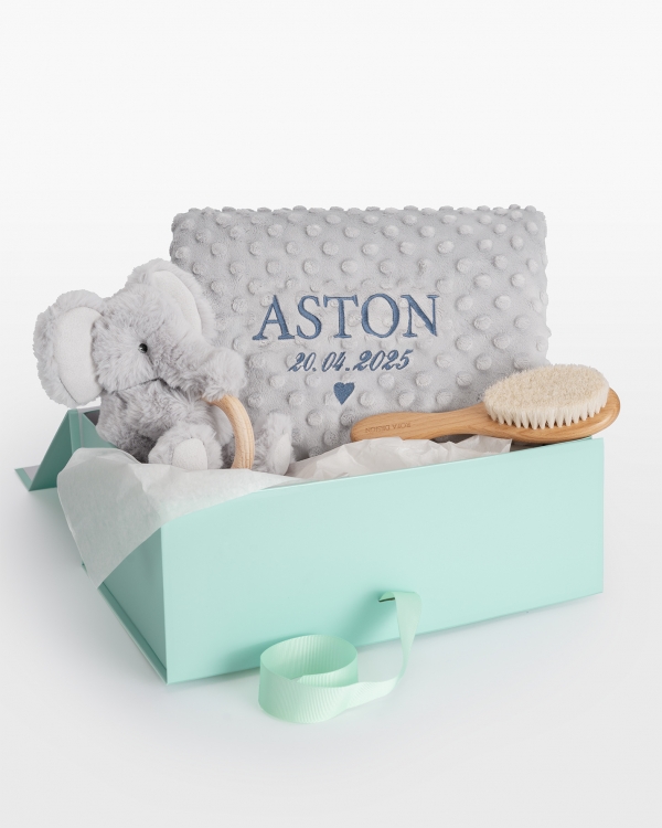 Gavesett for barn med kosedyr og biteleke, babyteppe og hårbørste