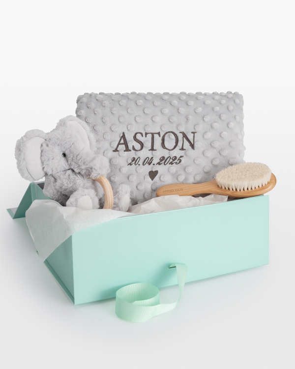 Gavesett for barn med kosedyr og biteleke, babyteppe og hårbørste