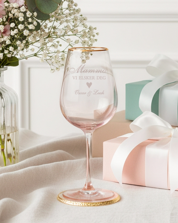 Vinglass med underlag og personlig gravering til morsdagen
