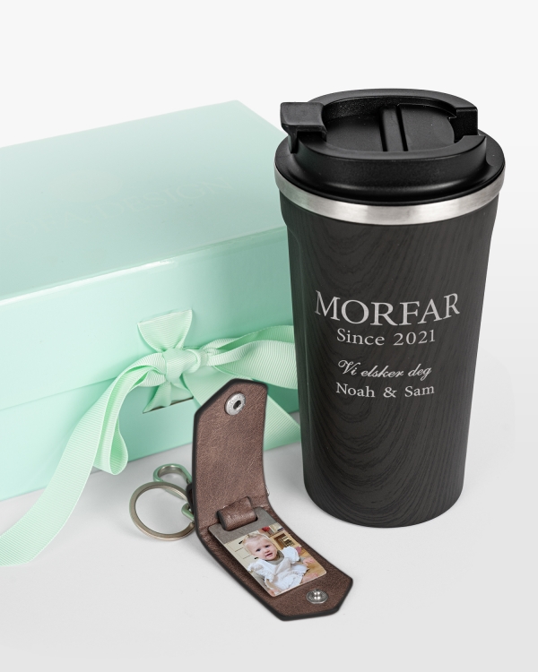 Termokopp med gravert navn og personlig nøkkelring