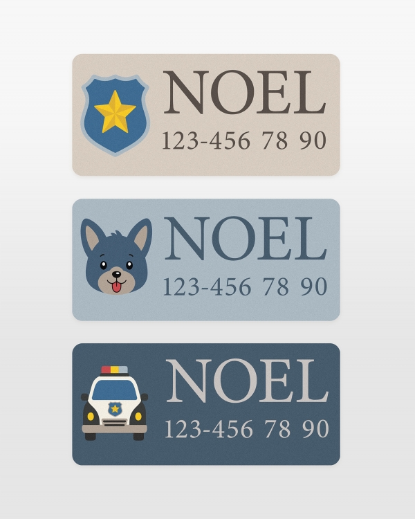 Navnelapper og klistremerker med hundemotiver og to tekstlinjer