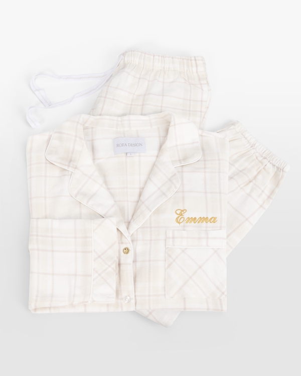Kremfarget flanellpyjamas for damer