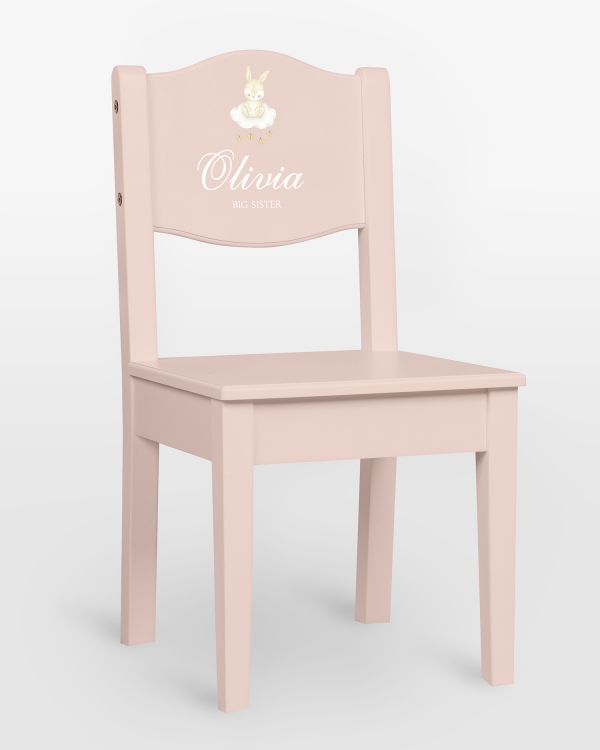 Rosa barnestol med kaninmotiv og navn og valgfri tekst
